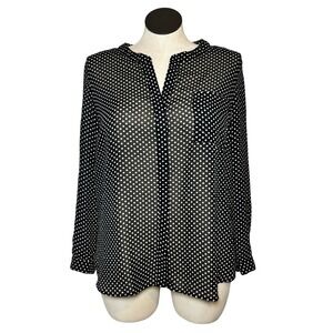 Sandro Studio Womens XL Black White Polka Dot Sheer Chiffon Button Down Blouse